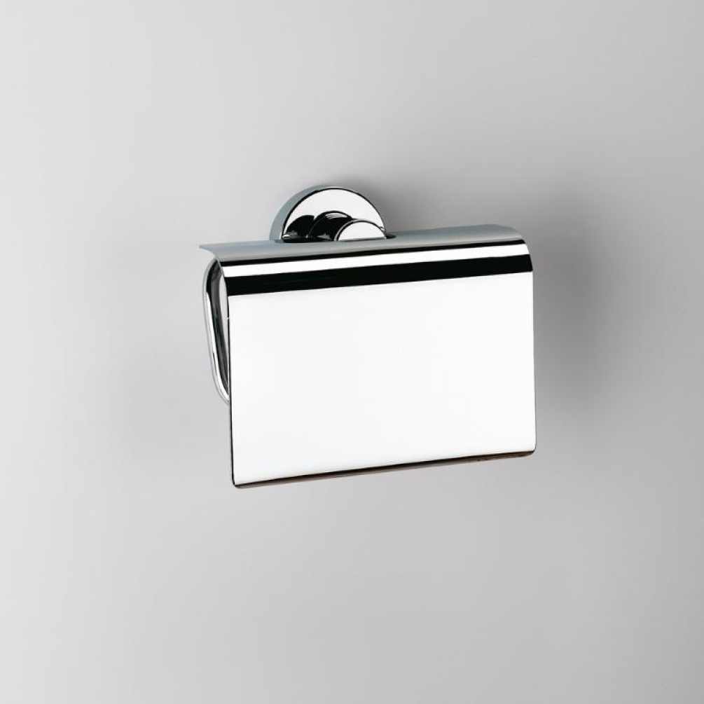 Close up product image of the Origins Living Tecno Project Chrome Toilet Roll Holder with Flap